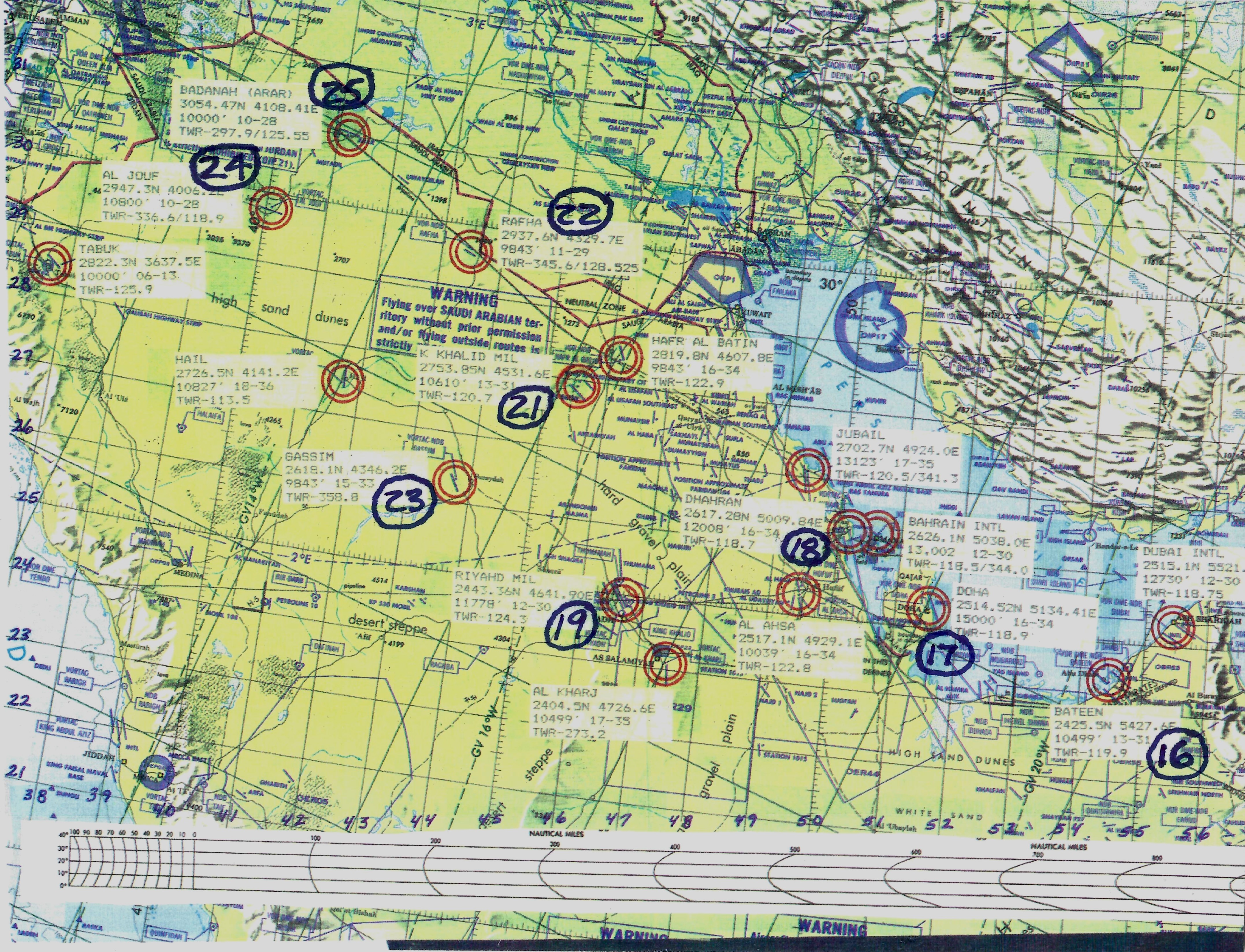 Author's working chart of Saudi divert fields — circles in red and blue grease pencil, January 1991.