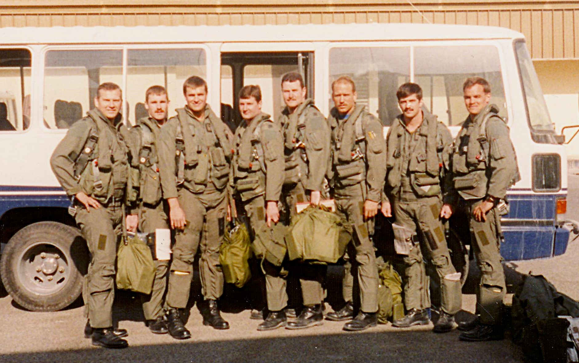 Eight Sabres post-mission, 22 January 1991 — first long-range package, home in one piece.